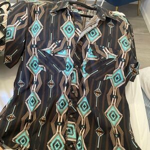 Men's Turquoise and Brown Geometric Button-Down Shirt